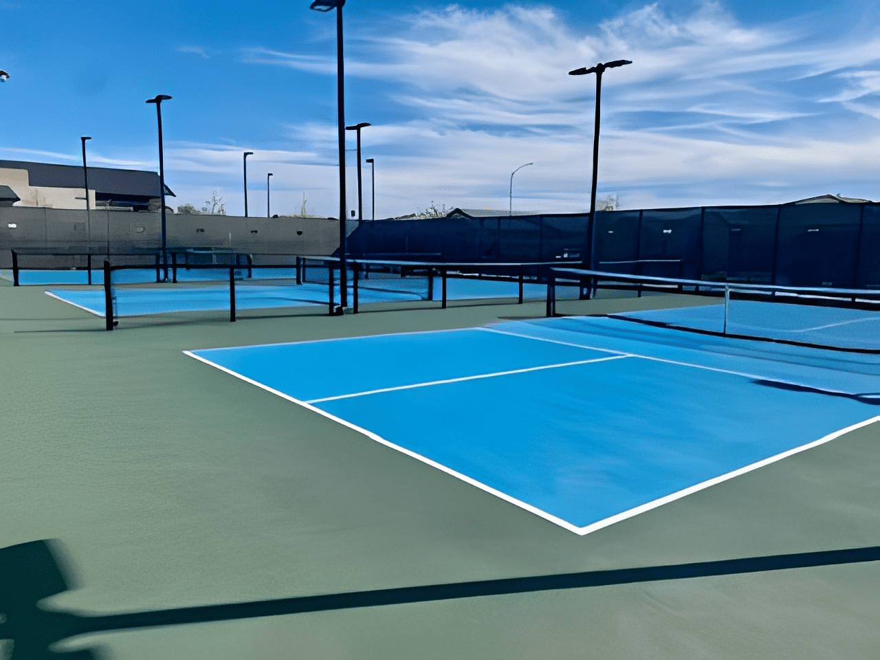 Outdoor pickleball courts under a clear sky.